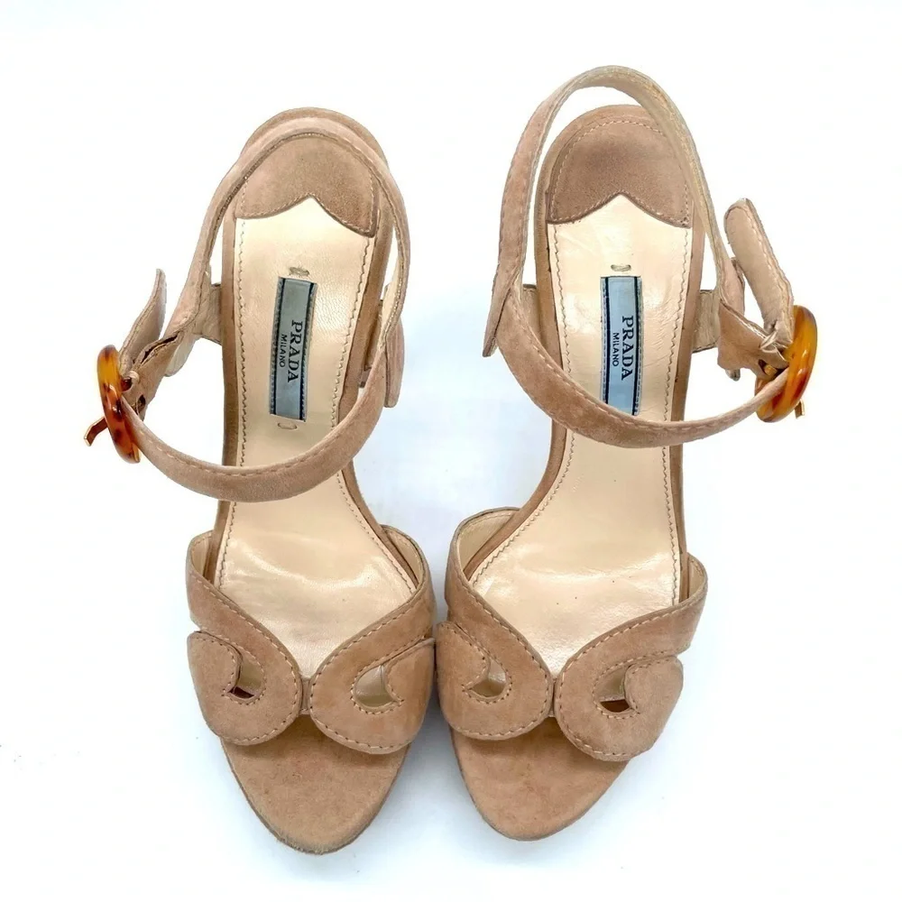 Prada Beige/ Tan Suede leather platform strappy ankle strap sandals heels 37